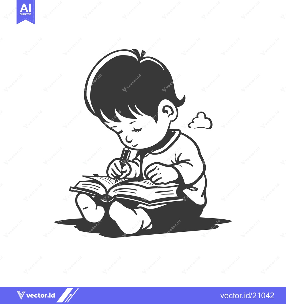 Premium Vector of A Young Child Sitting and Writing in a Book