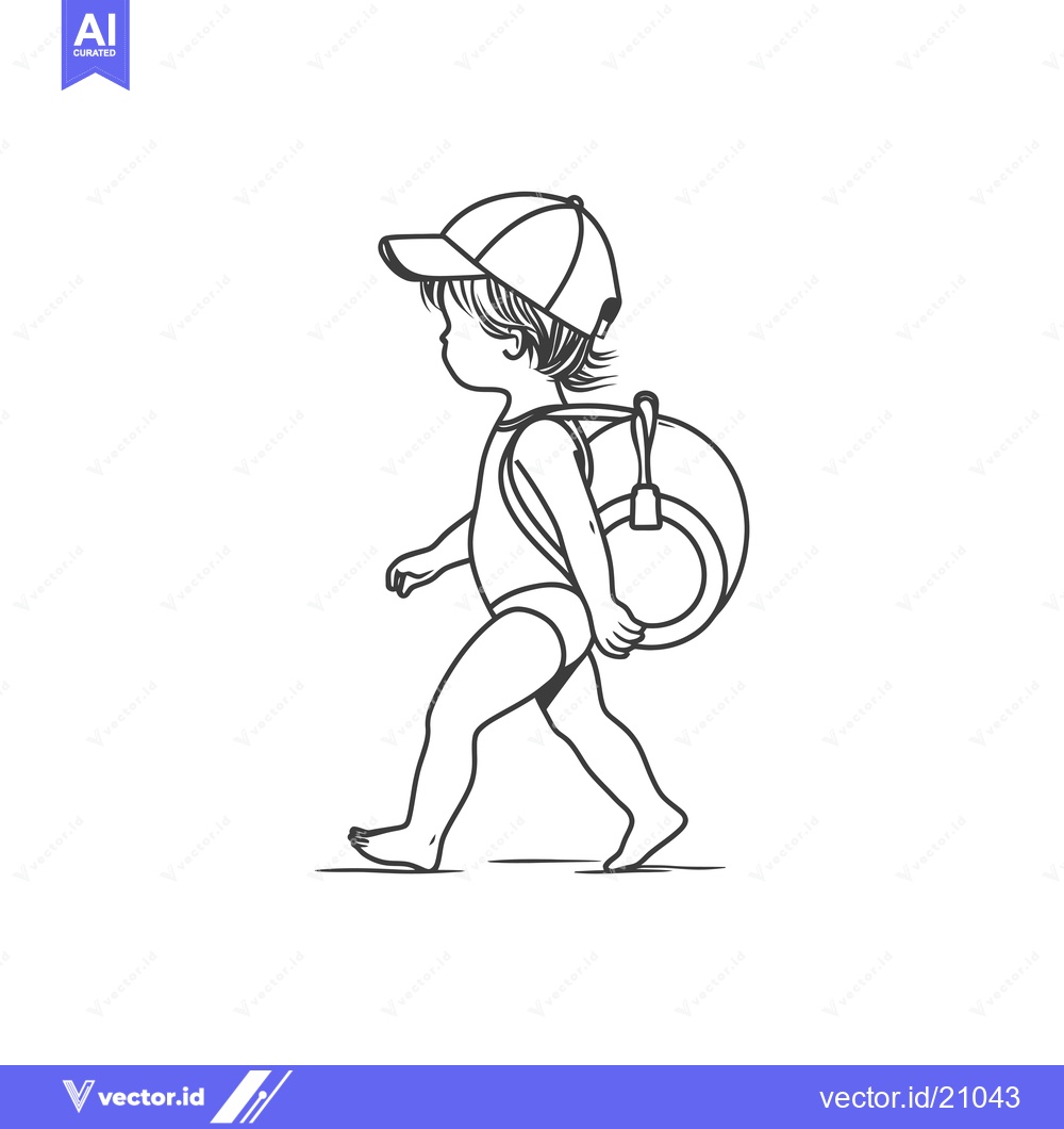 Premium Vector of A young child wearing a swimsuit and a cap, walking with a beach ring