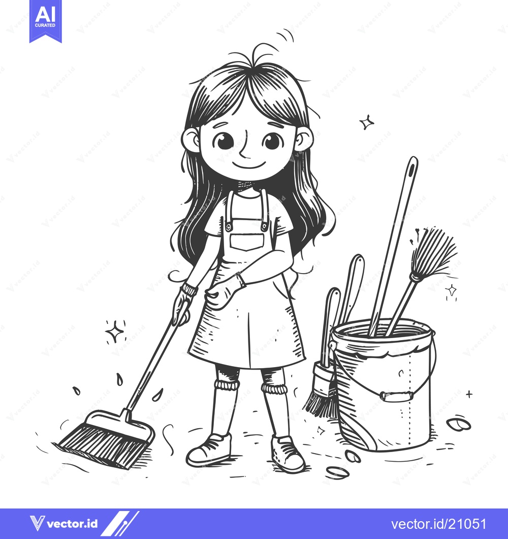Premium Vector dari A young girl cleaning with a broom and a bucket of cleaning supplies.