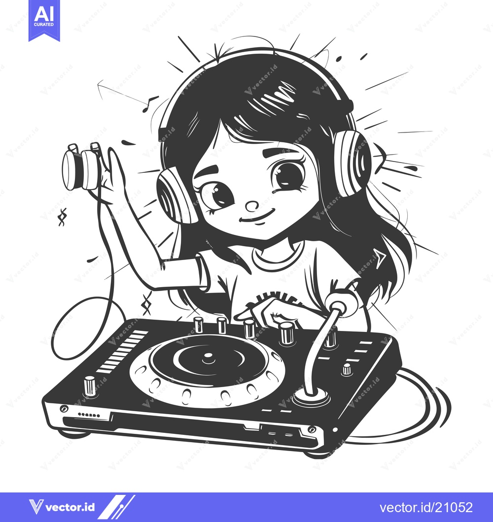 Premium Vector of A Young Girl DJing With Headphones and Turntable