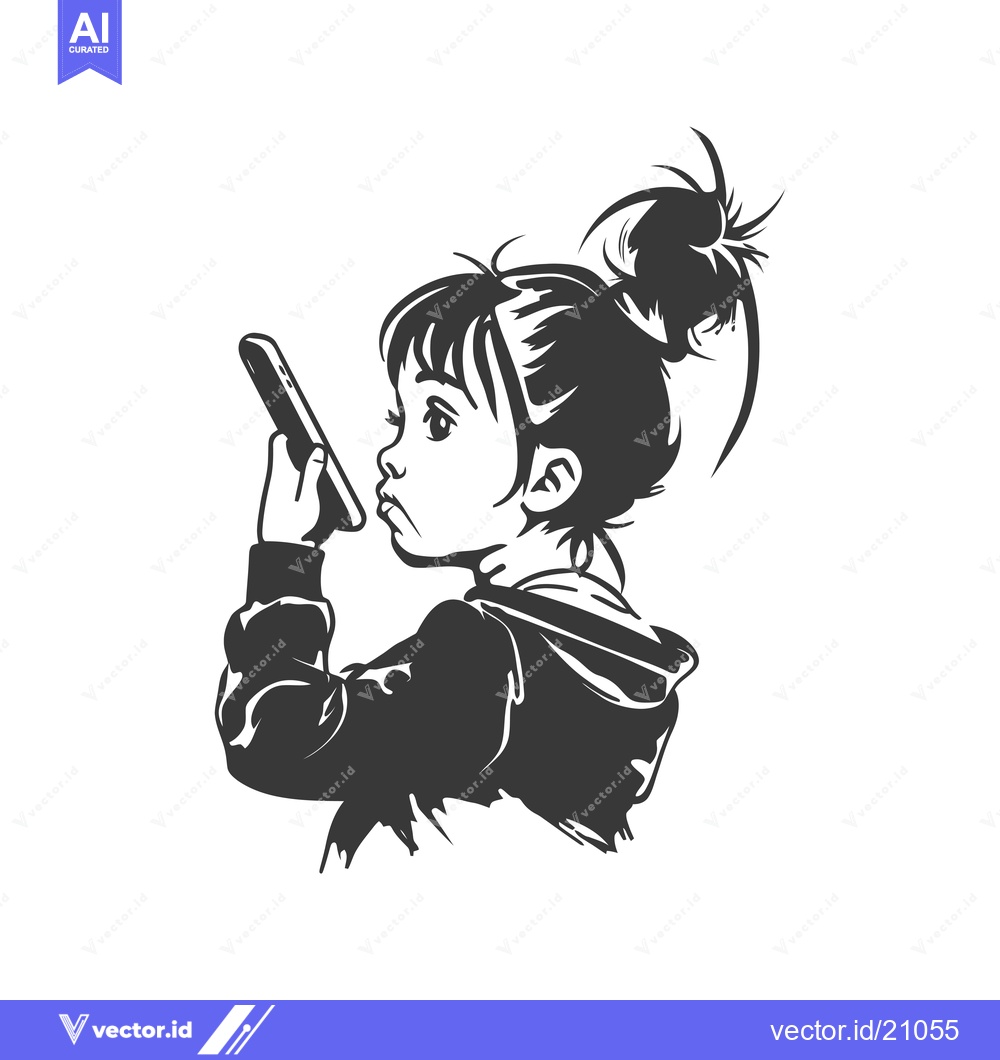 Premium Vector of A Young Girl Gazing Intently at a Smartphone