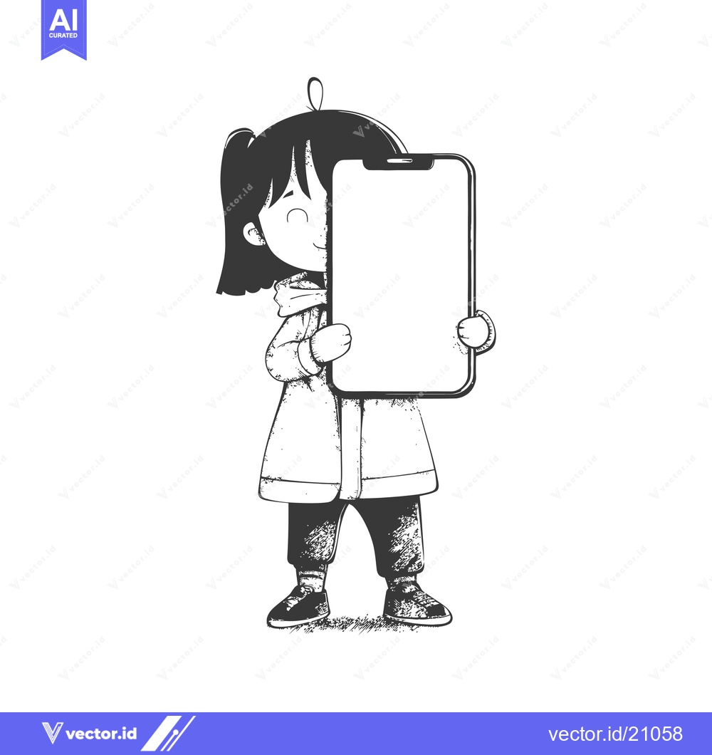 Premium Vector of A young girl in a coat holding a smartphone with a blank screen.