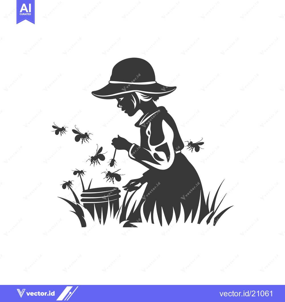 Premium Vector dari A Young Girl in a Hat Gathering Honey From a Beehive