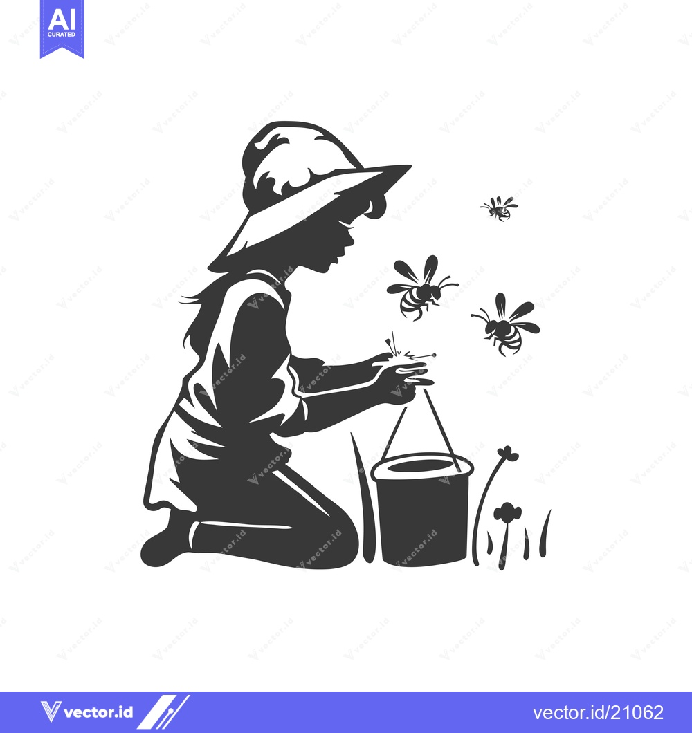 Premium Vector dari A Young Girl in a Hat Kneeling with a Bucket and Bees Around Her
