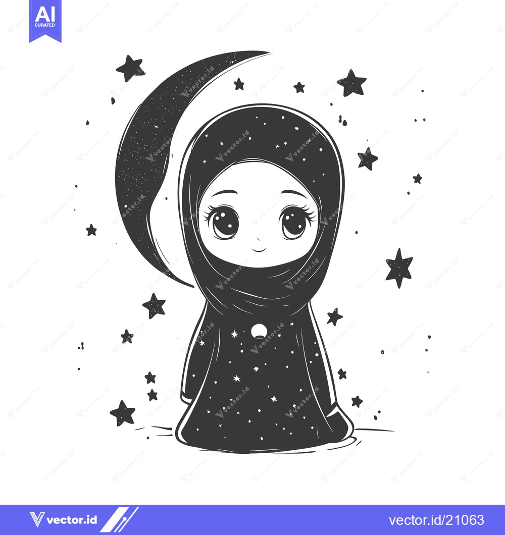 Premium Vector dari A young girl in a hijab, adorned with stars and a crescent moon, stand