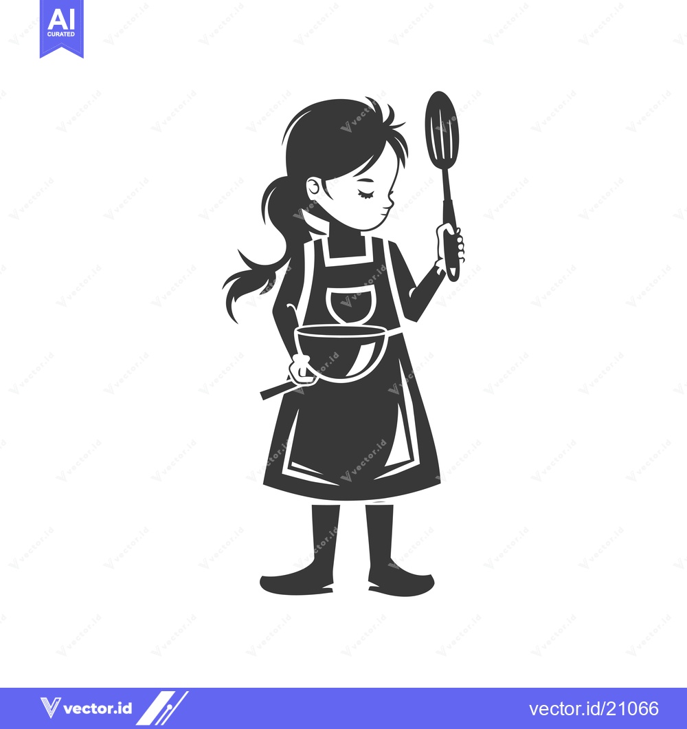 Premium Vector of A young girl in an apron holds a bowl and a whisk