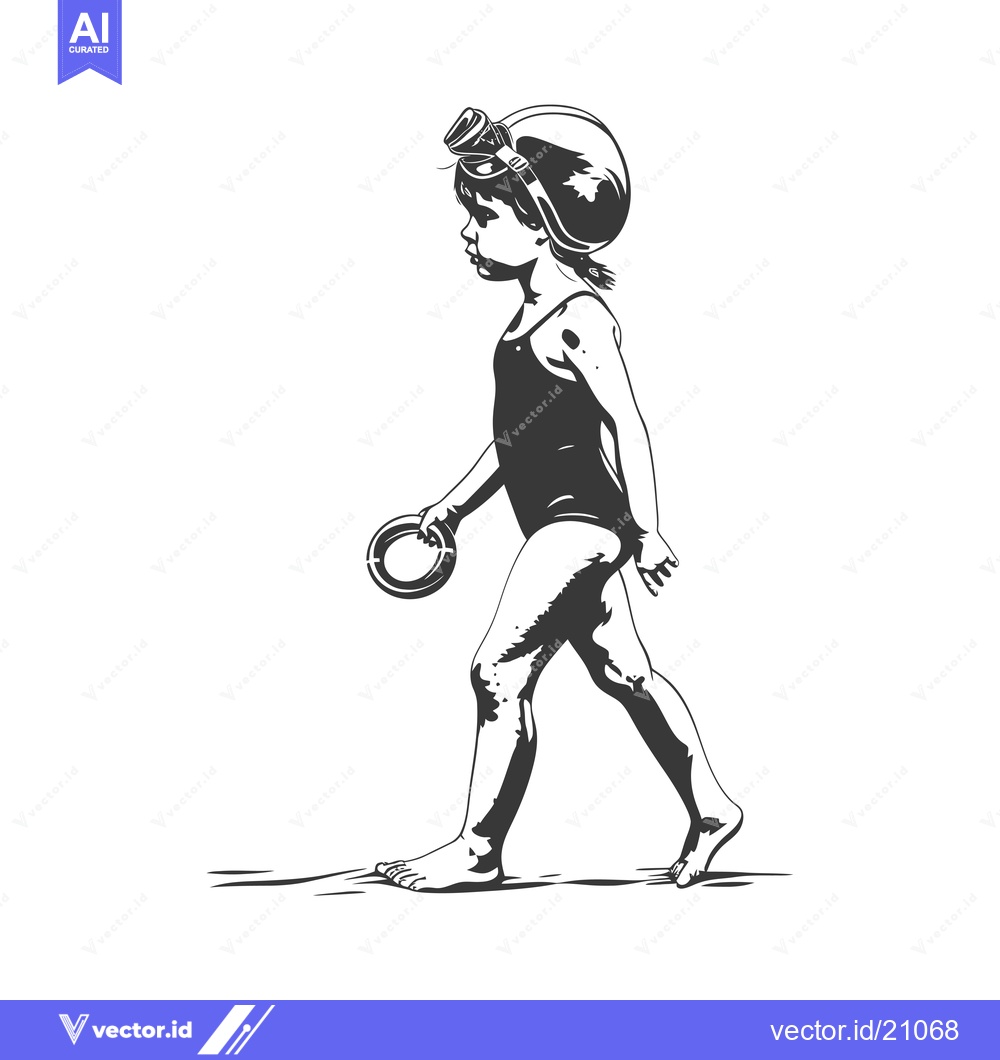 Premium Vector dari A Young Girl in a Swimsuit Walks Barefoot While Holding a Ring
