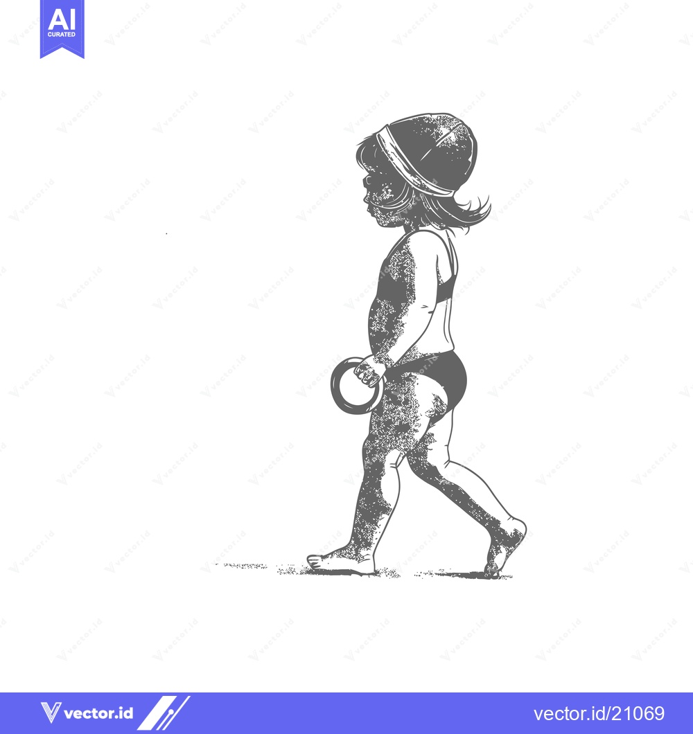 Premium Vector of A Young Girl in a Swimsuit Walks on the Beach with a Ring Toy