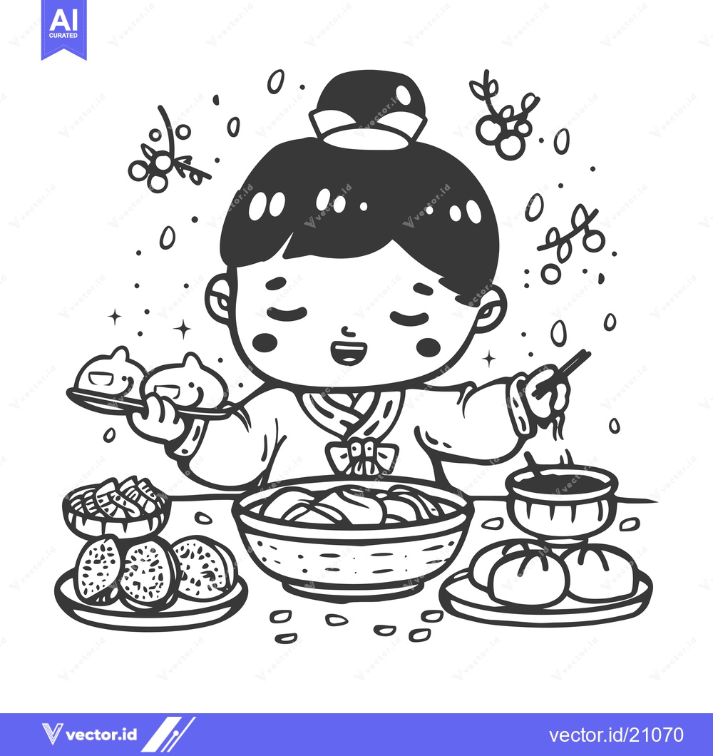 Premium Vector dari A young girl in traditional clothing preparing a meal of dumplings and