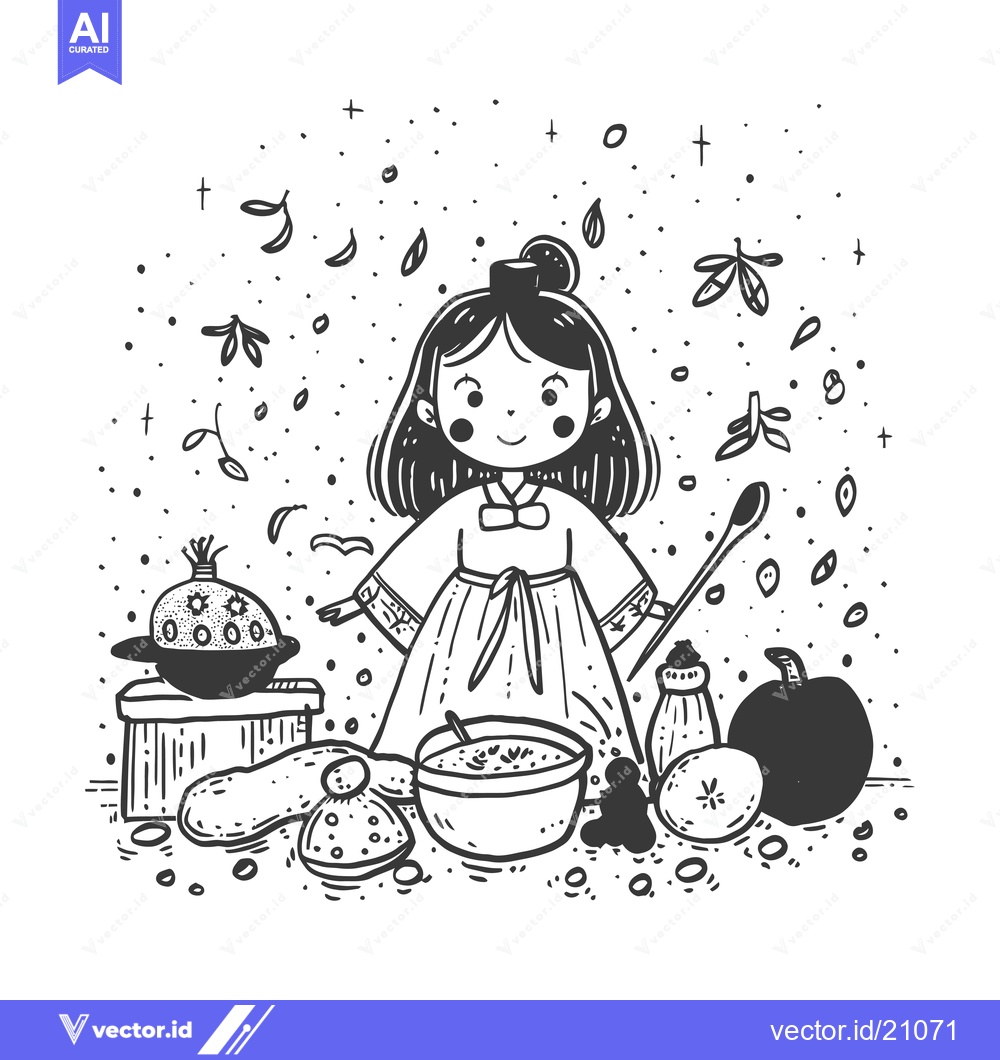 Premium Vector dari A Young Girl in Traditional Clothing Preparing Food Surrounded by Ingr