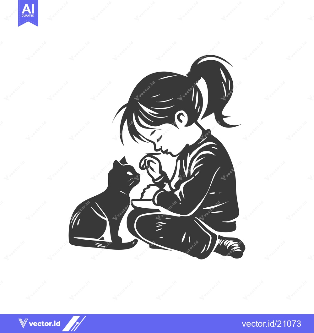 Premium Vector dari A young girl sits with her cat, looking down thoughtfully.