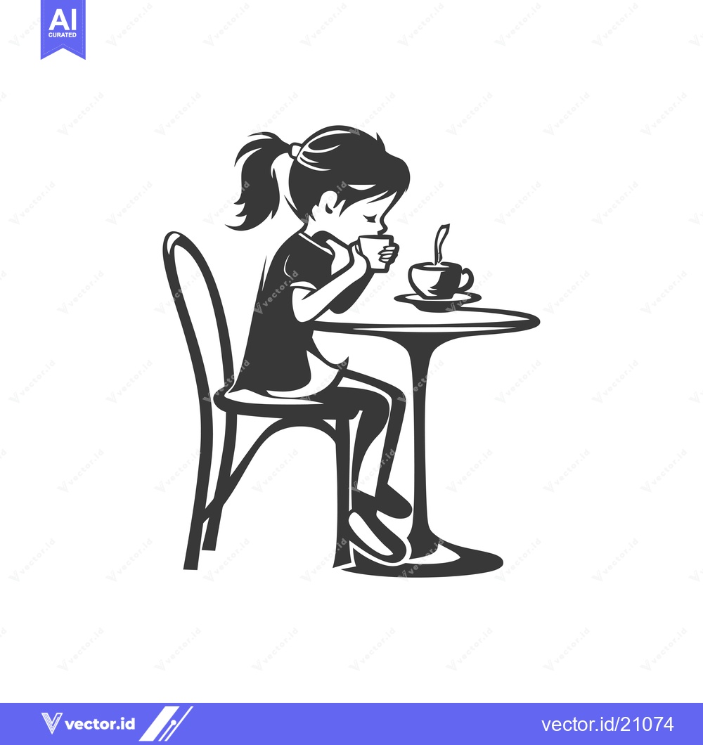 Premium Vector dari A young girl sitting at a table, enjoying a cup of tea.