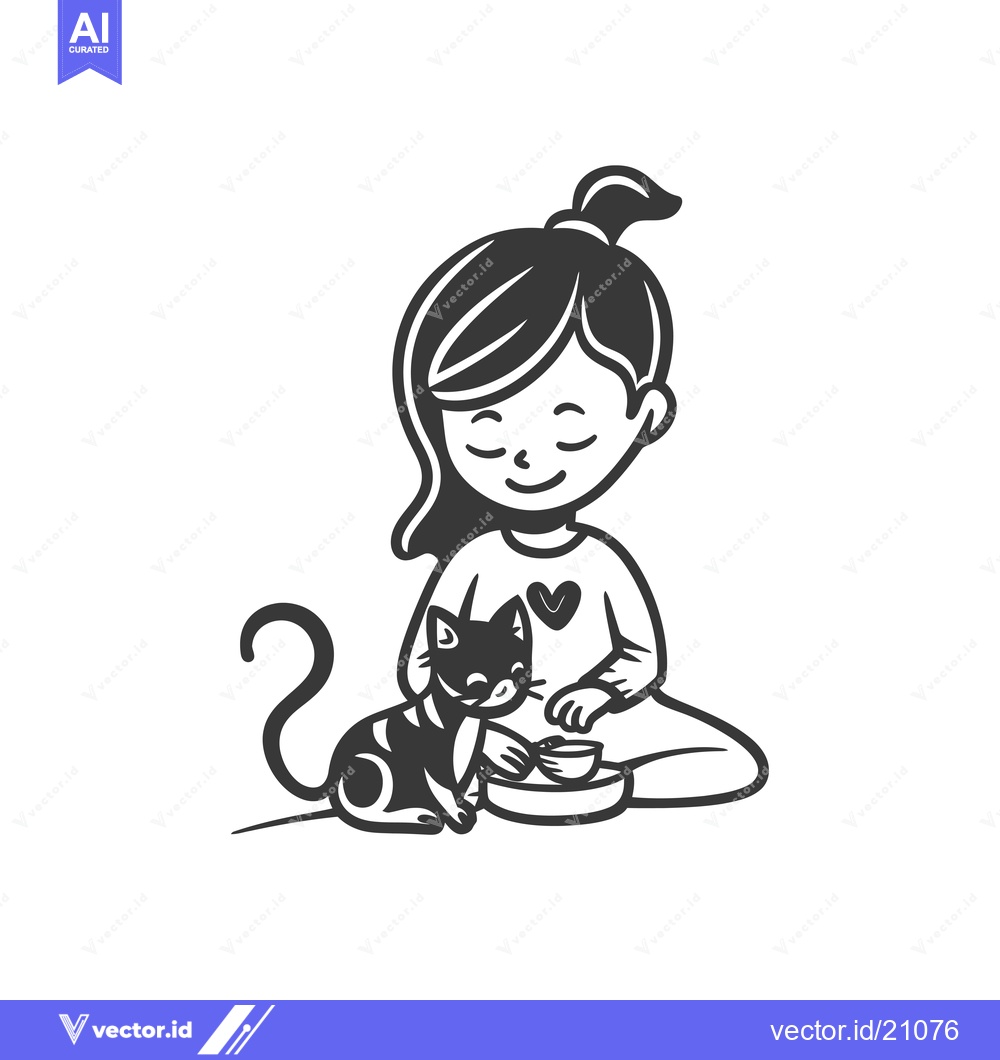 Premium Vector dari A young girl sitting cross-legged and feeding her cat from a bowl