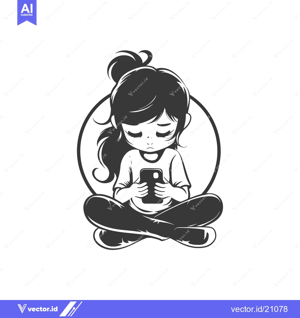 Premium Vector dari A Young Girl Sitting Cross-legged While Using a Smartphone