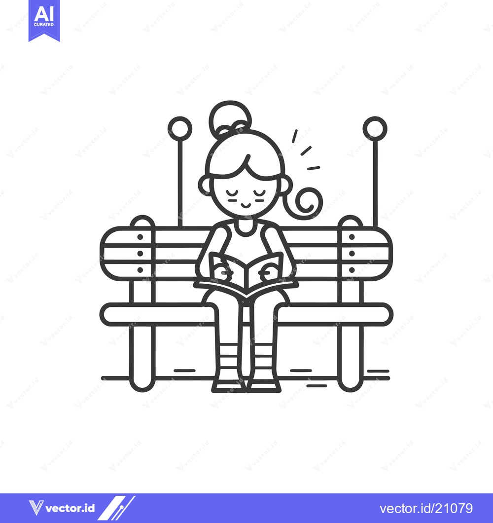 Premium Vector dari A young girl sitting on a bench, reading a book and smiling