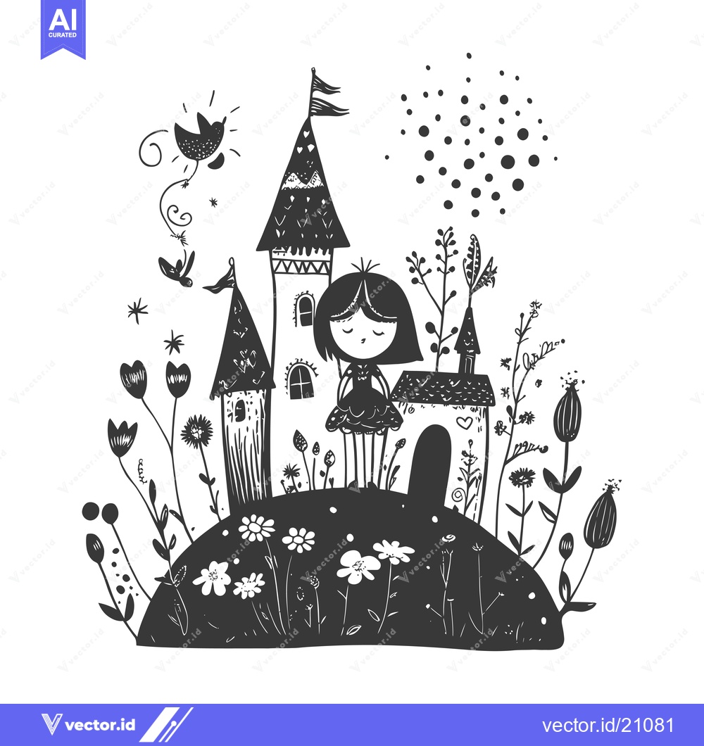 Premium Vector of A Young Girl Standing Before a Black and White Cartoon Castle
