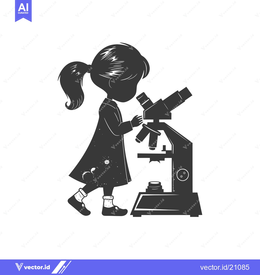 Premium Vector of A young girl using a microscope with stars on her dress