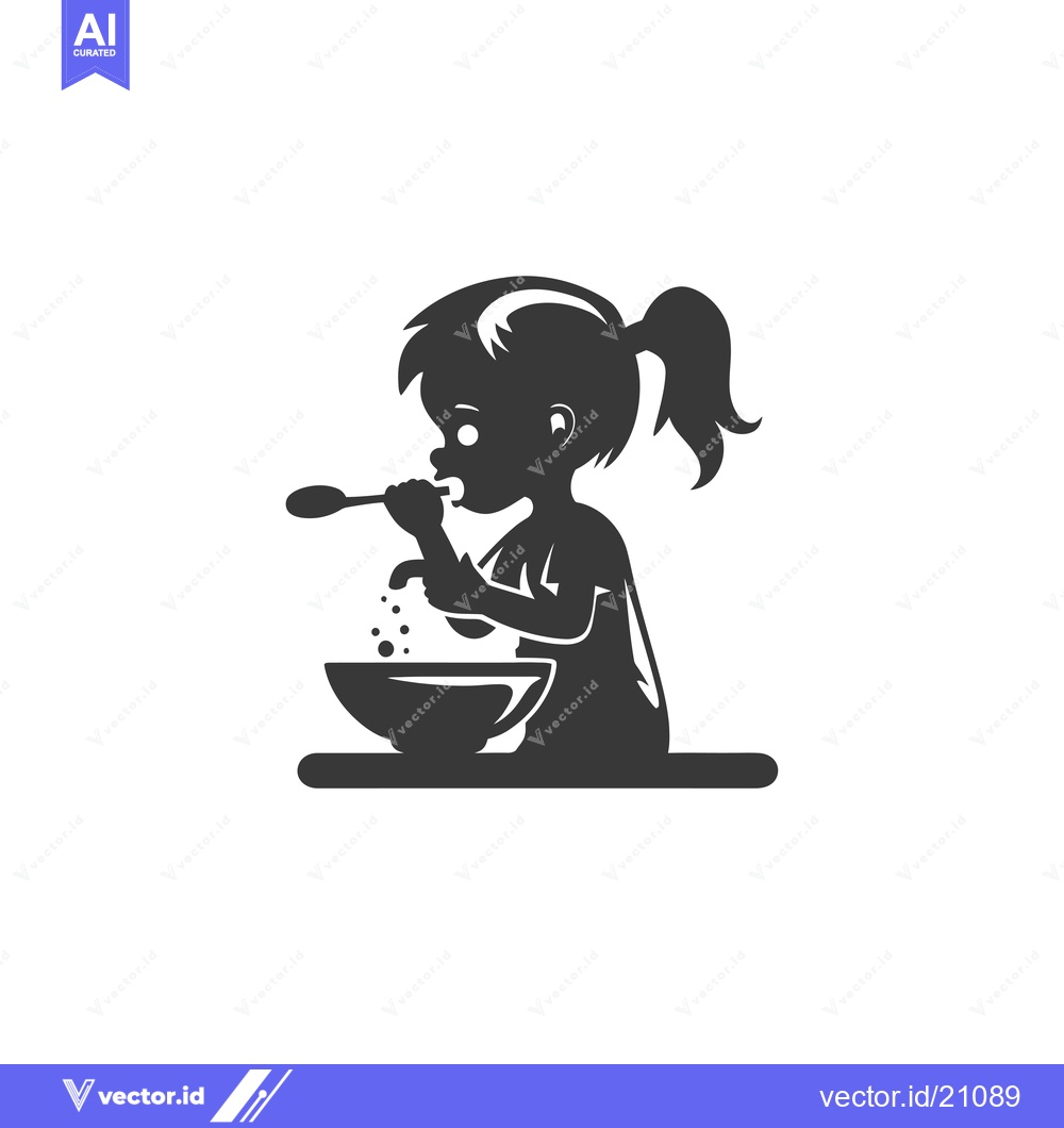 Premium Vector of A young girl with a ponytail eating from a bowl with a spoon