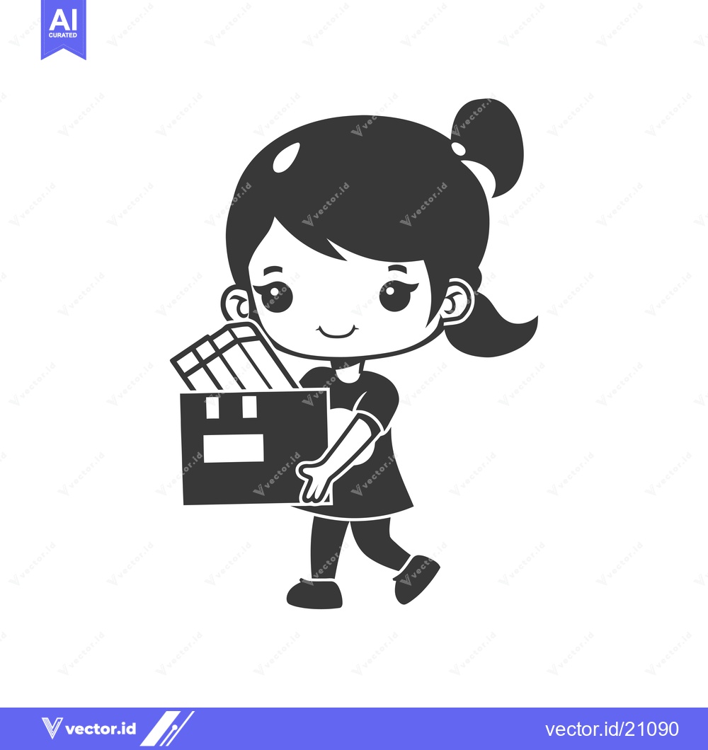 Premium Vector dari A young girl with a ponytail is carrying a box with items inside.