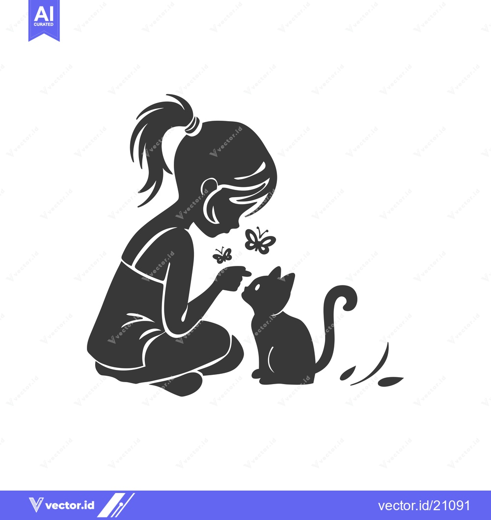 Premium Vector dari A young girl with a ponytail is looking at a cat with butterflies near