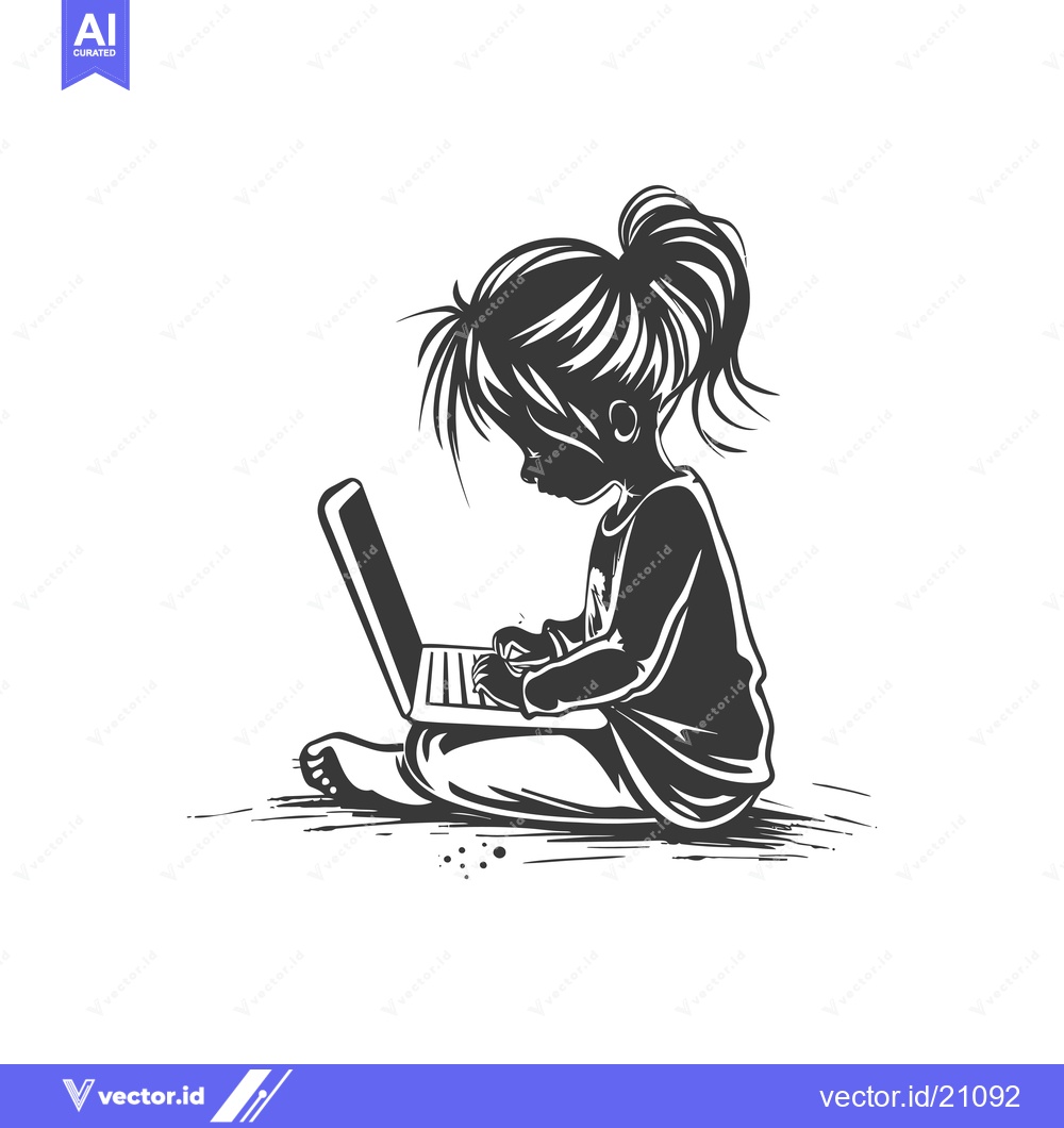 Premium Vector dari A young girl with a ponytail is sitting on the floor and using a lapto