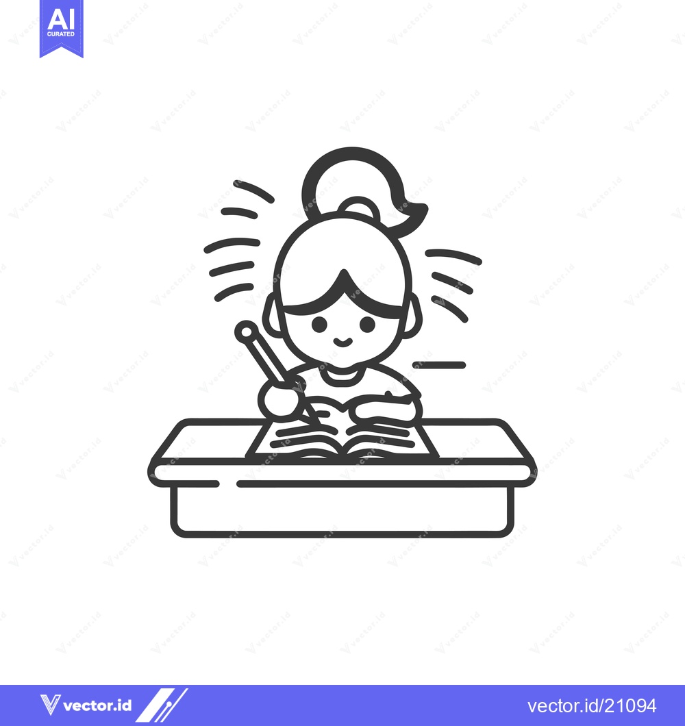 Premium Vector of A young girl with a ponytail studying at a desk with a book and pencil