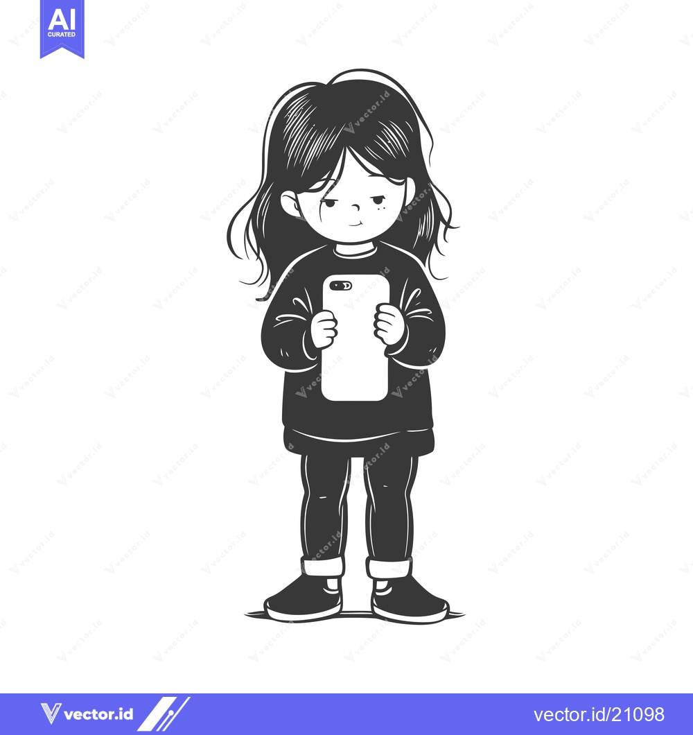 Premium Vector of A Young Girl with Long Hair Holding a Smartphone