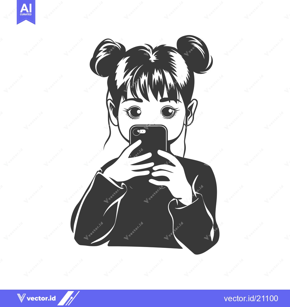 Premium Vector dari A Young Girl With Pigtails Using a Smartphone
