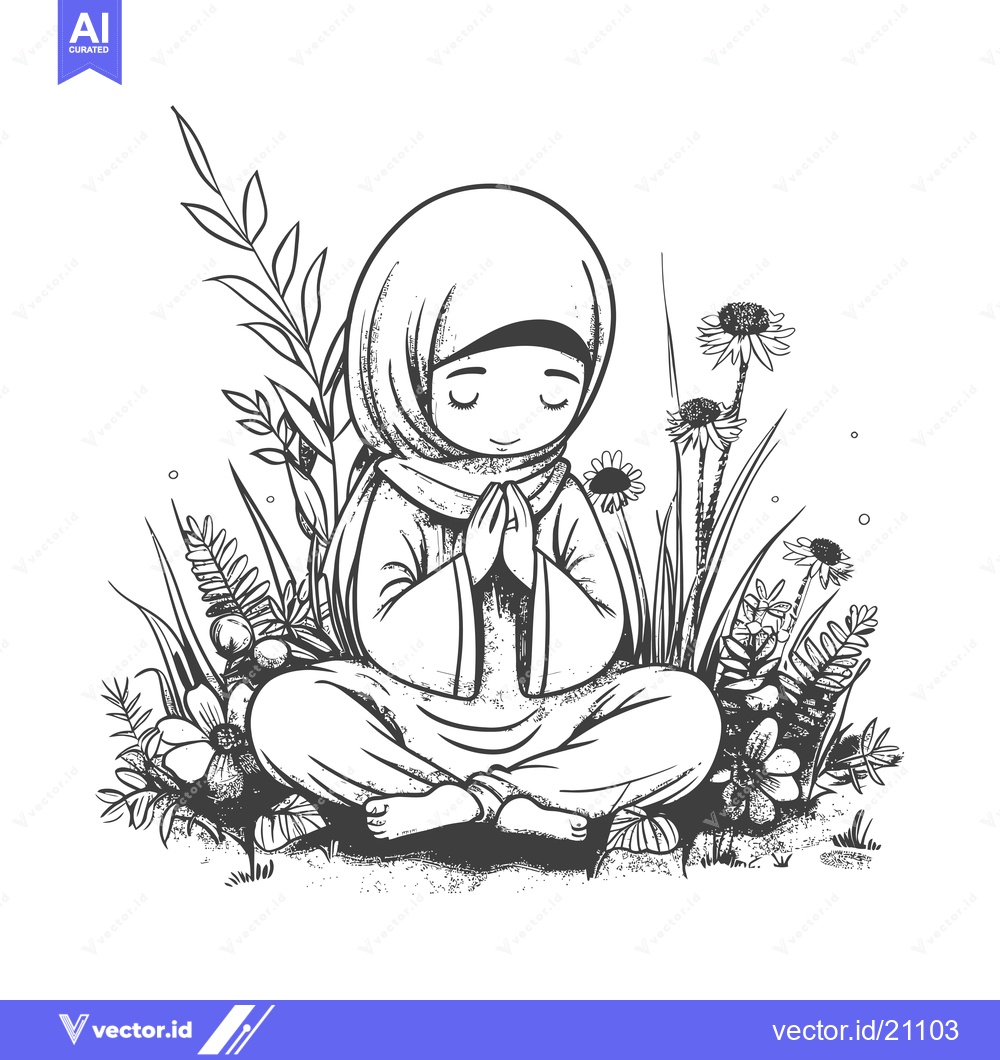 Premium Vector dari A Young Woman in a Hijab Meditating in a Field of Flowers