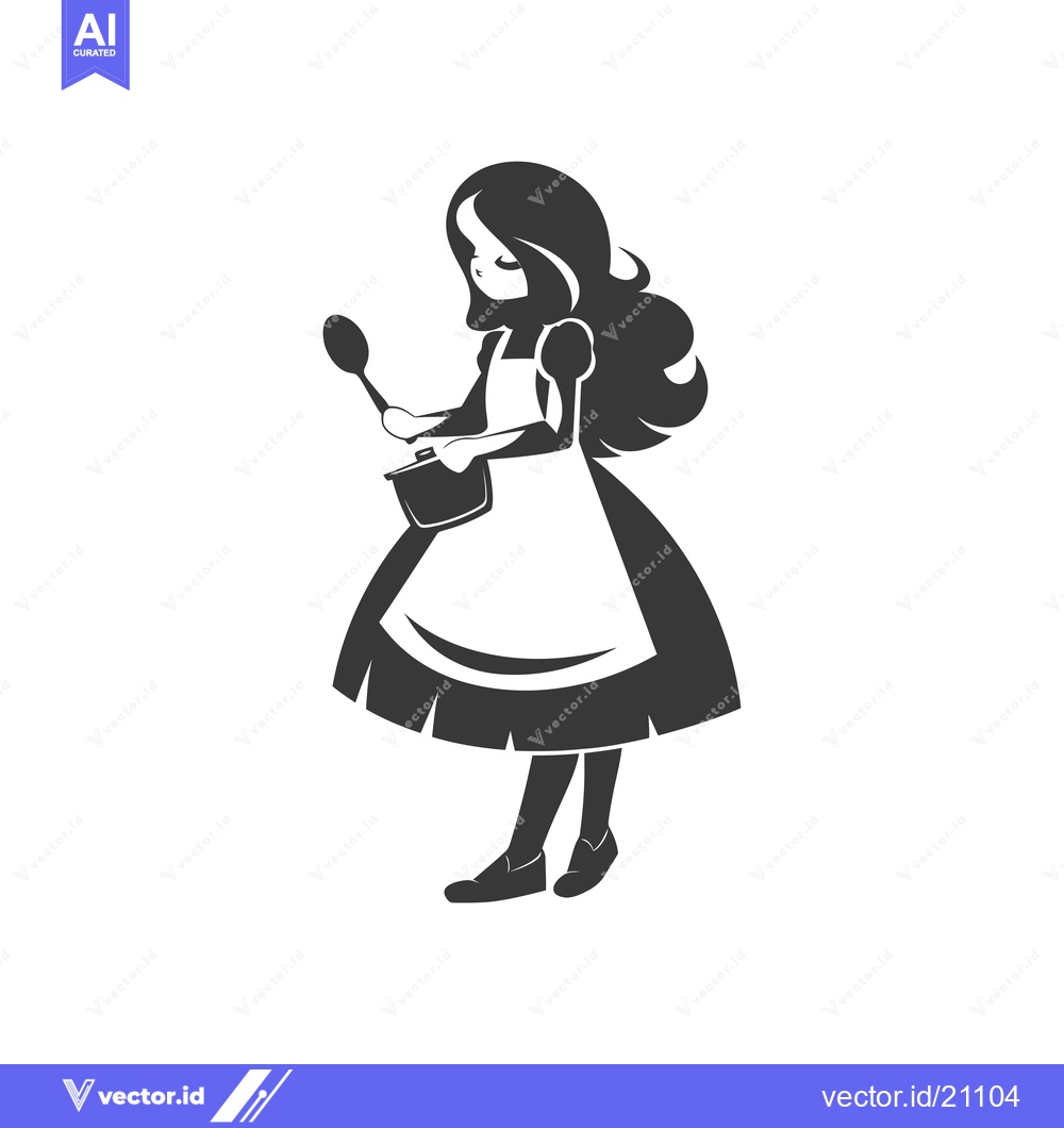 Premium Vector dari A young woman in an apron holds a pot and a spoon