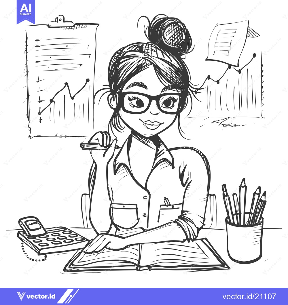 Premium Vector dari A Young Woman Studying in a Desk With Supplies