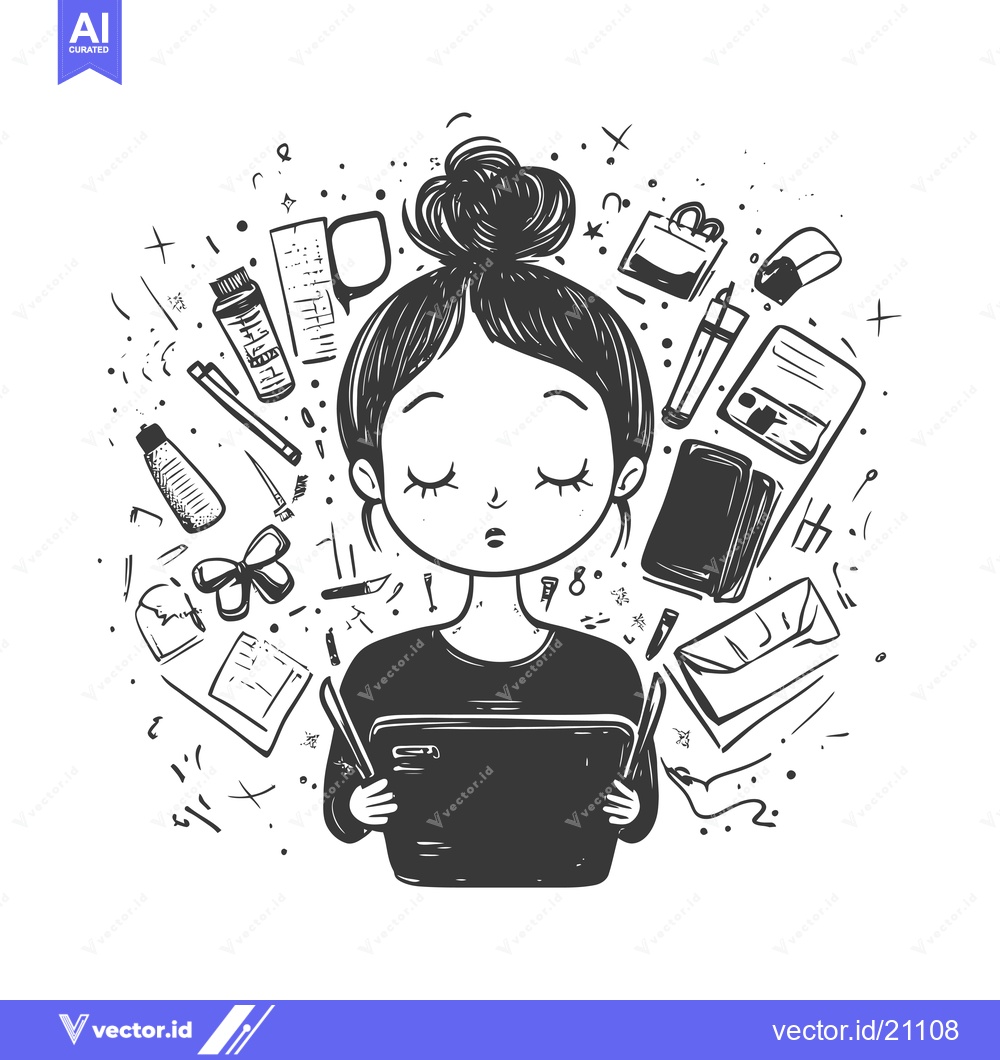 Premium Vector dari A Young Woman Surrounded by Stationery and Other Items While Reading a