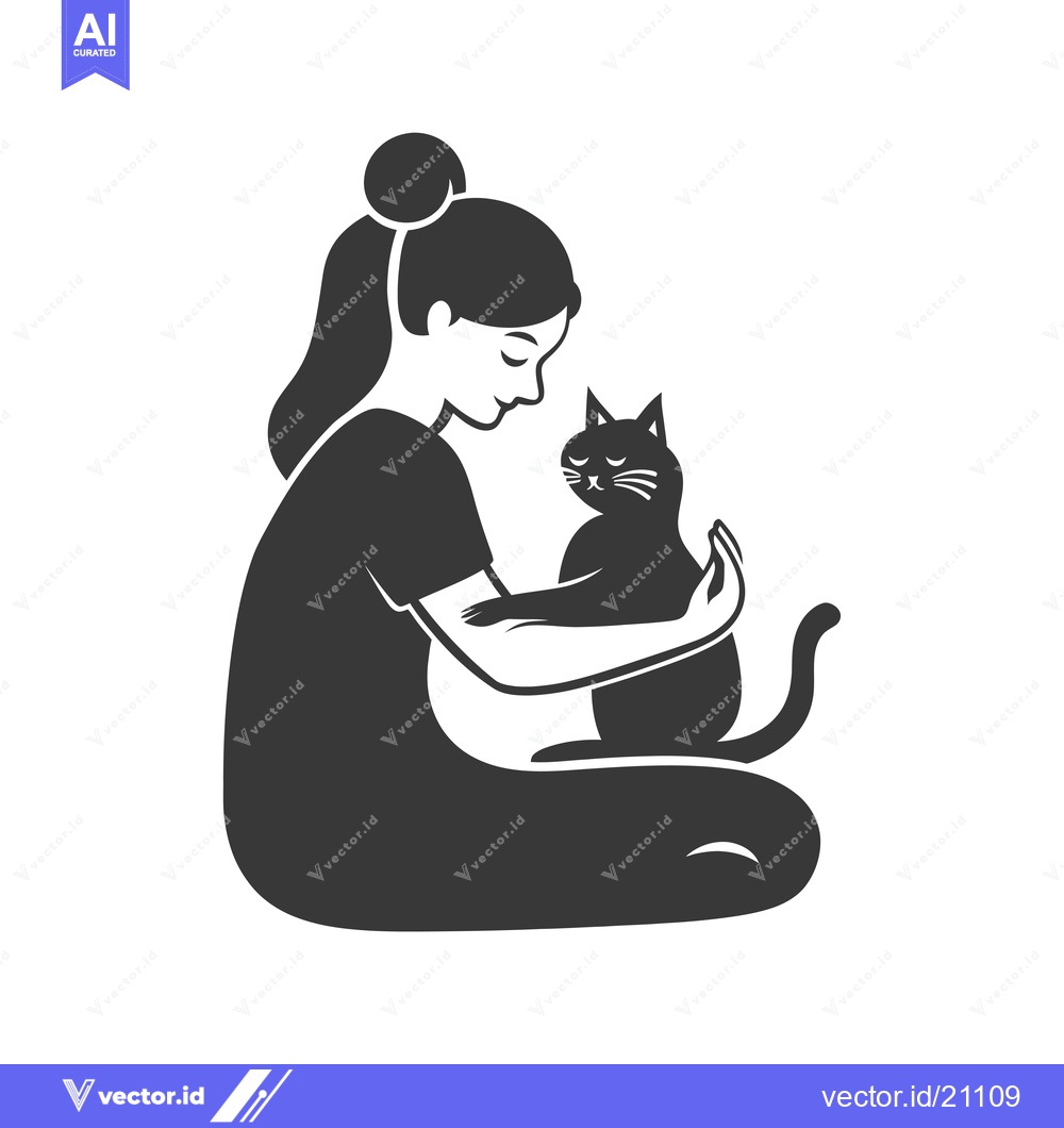 Premium Vector of A young woman with a ponytail sitting and petting her cat.