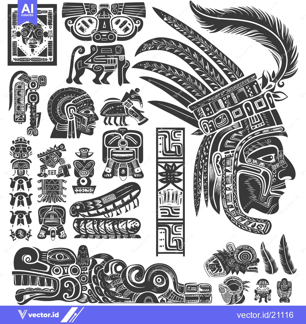 Premium Vector of Aztec and Mayan Glyphs, Symbols, and Creatures