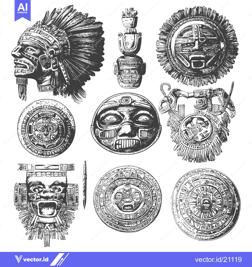 Premium Vector of Aztec and Mayan Masks and Sculptures with Detailed Designs