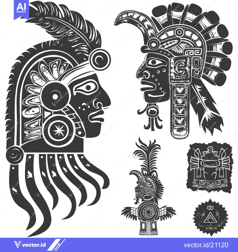 Premium Vector dari Aztec and Mayan Tribal Warrior Headdresses with Geometric Patterns