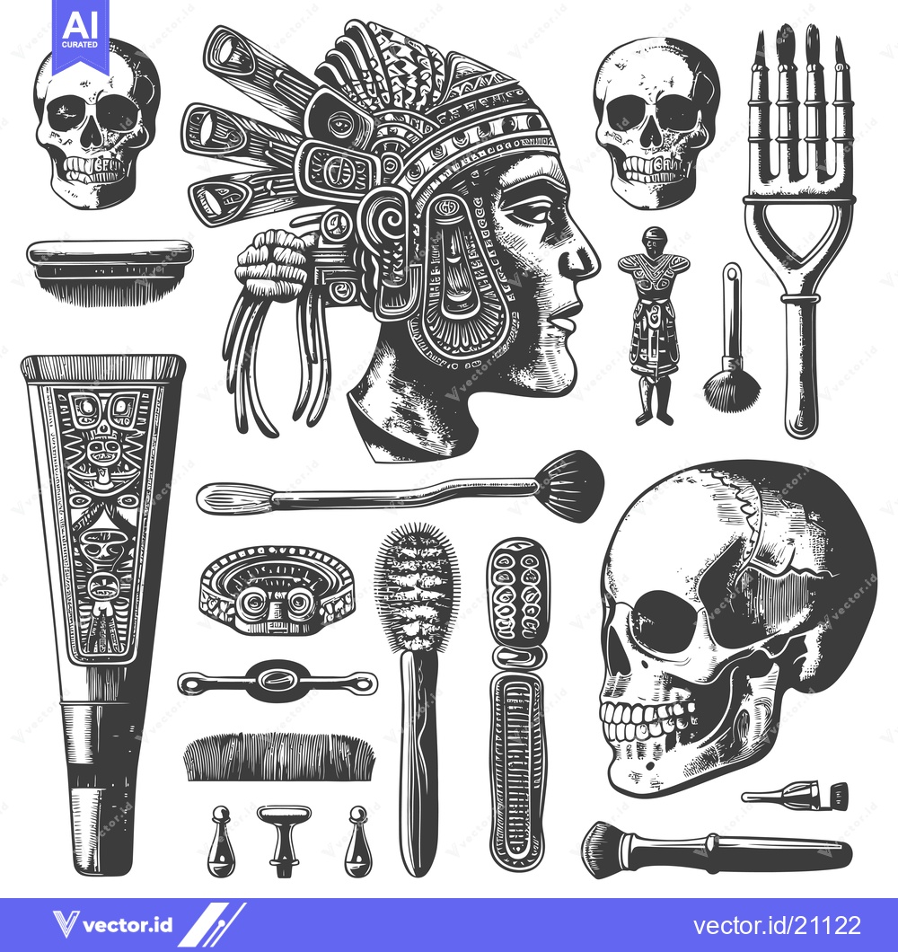 Premium Vector dari Aztec and Skull Themed Hand Drawn Set of Beauty Tools