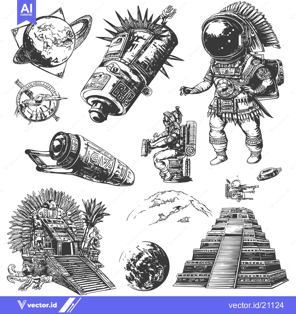 Premium Vector of Aztec Astronaut and Spacecraft with Mayan Pyramid