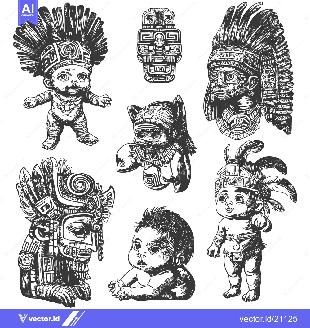 Premium Vector dari Aztec Baby Warriors and Gods in Traditional Headdresses