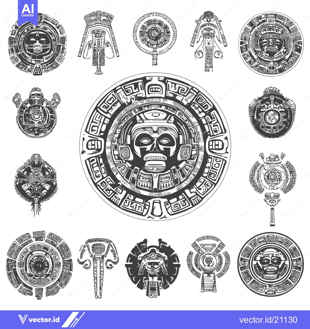 Premium Vector dari Aztec Calendar Glyphs and Masks