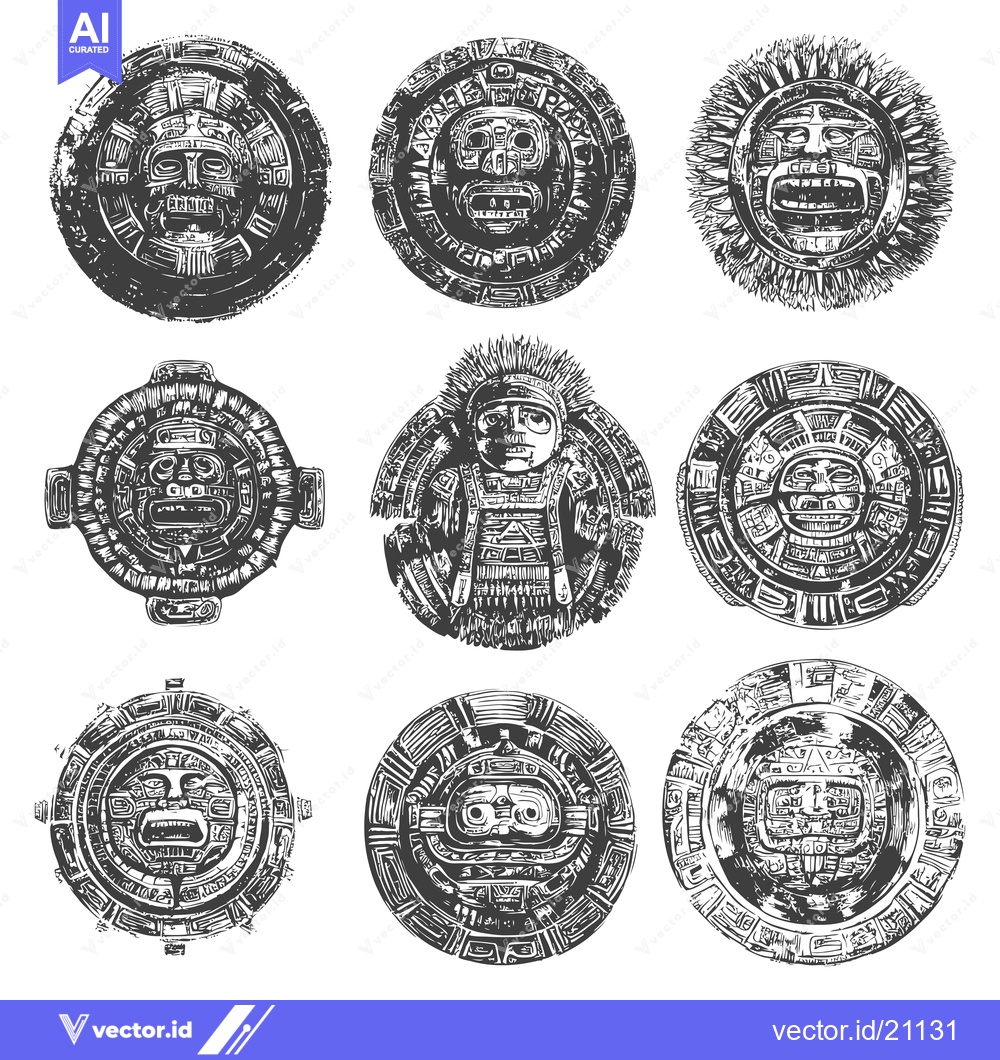 Premium Vector dari Aztec Calendar Round Glyphs with Faces and Designs