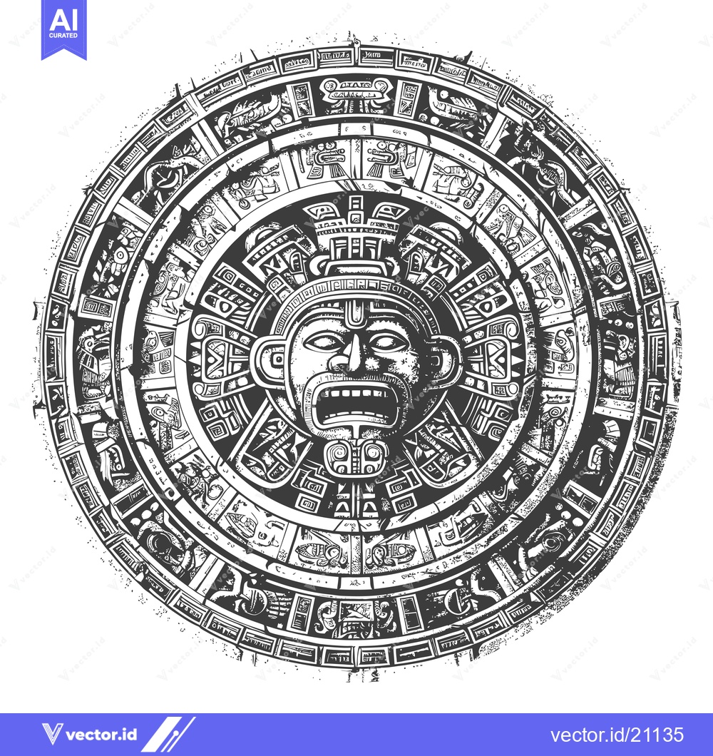 Premium Vector of Aztec Calendar Stone with a Central Depiction of a Deity