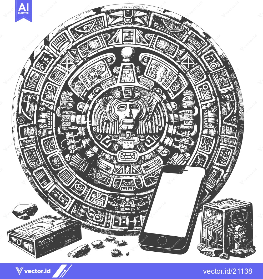 Premium Vector dari Aztec Calendar Stone with a Modern Smartphone and Cubes