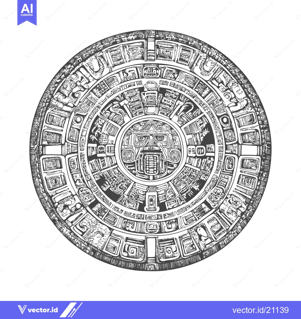 Premium Vector dari Aztec Calendar Stone with Central Deity and Circular Glyphs