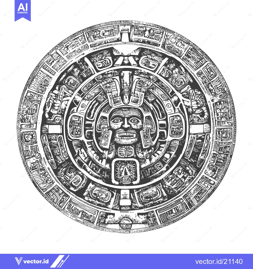 Premium Vector dari Aztec Calendar Stone with Central Deity and Glyphs