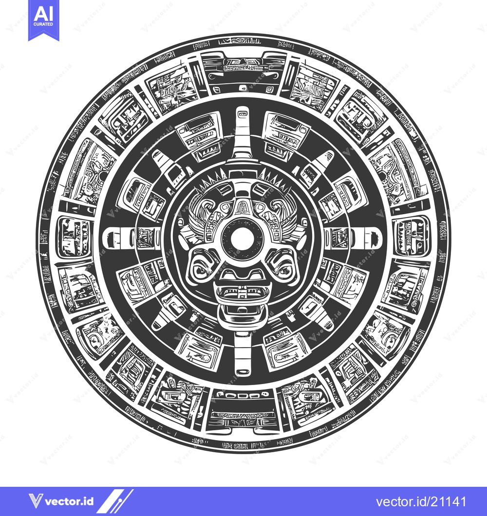 Premium Vector dari Aztec Calendar Stone with Central Deity and Glyphs