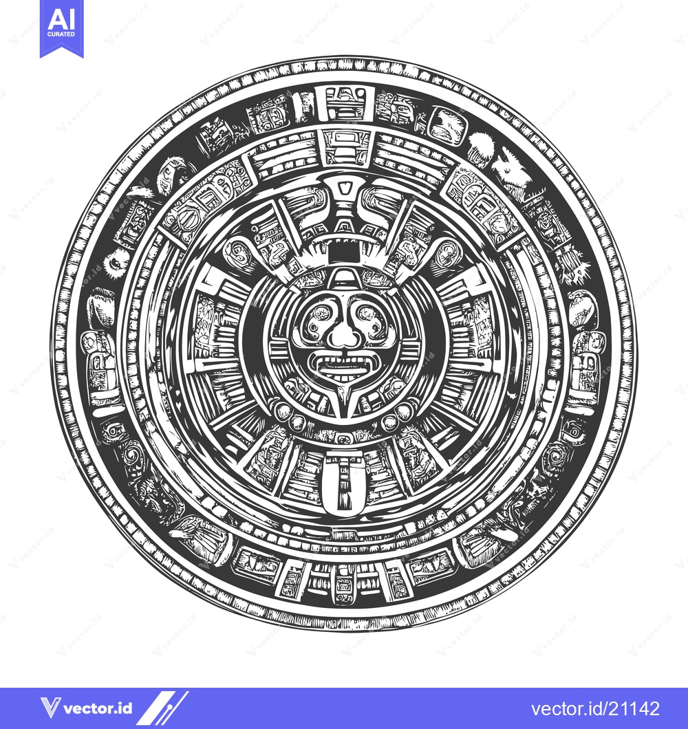 Premium Vector dari Aztec Calendar Stone with Central Deity and Glyphs