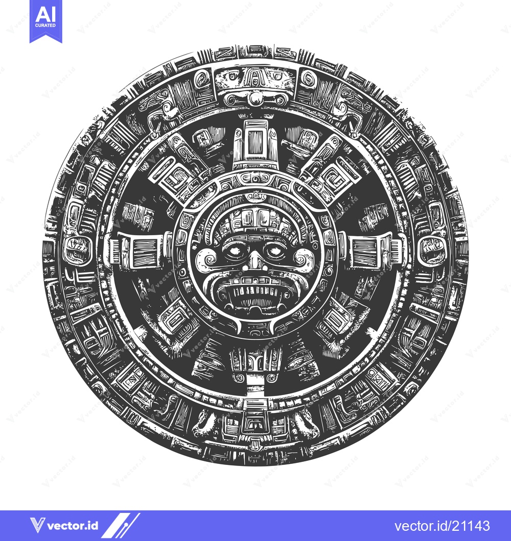 Premium Vector dari Aztec Calendar Stone with Central Deity and Glyphs