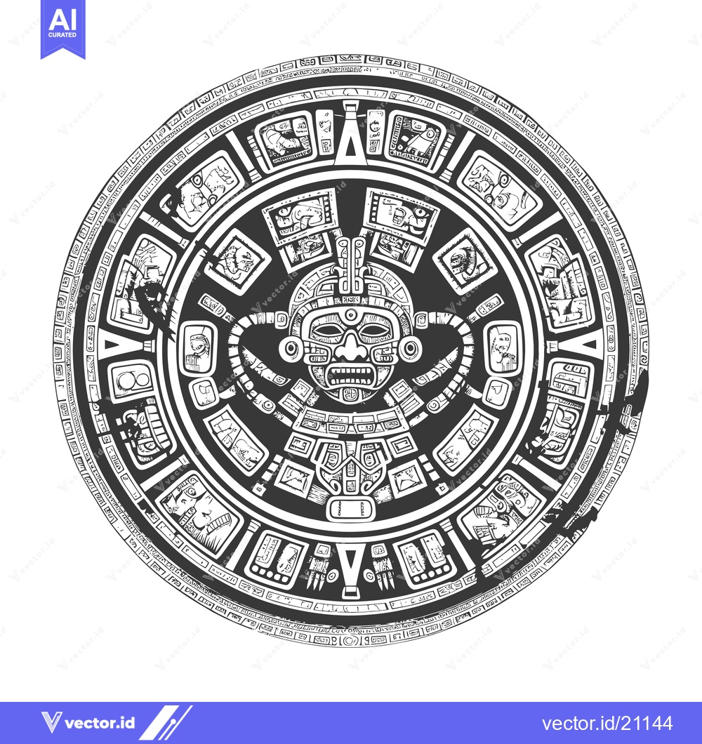 Premium Vector dari Aztec Calendar Stone with Central Deity and Ornamental Glyphs