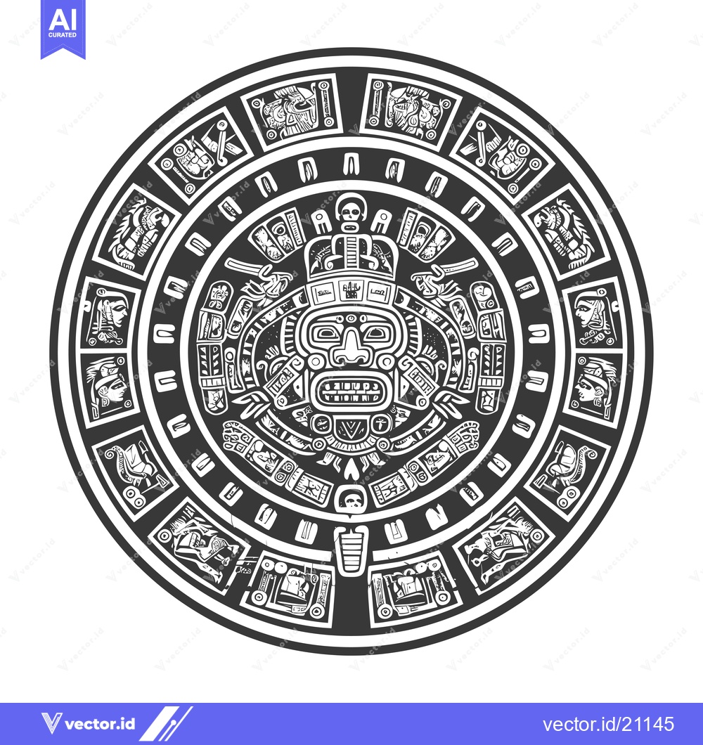 Premium Vector of Aztec Calendar Stone with Central Deity and Surrounding Glyphs